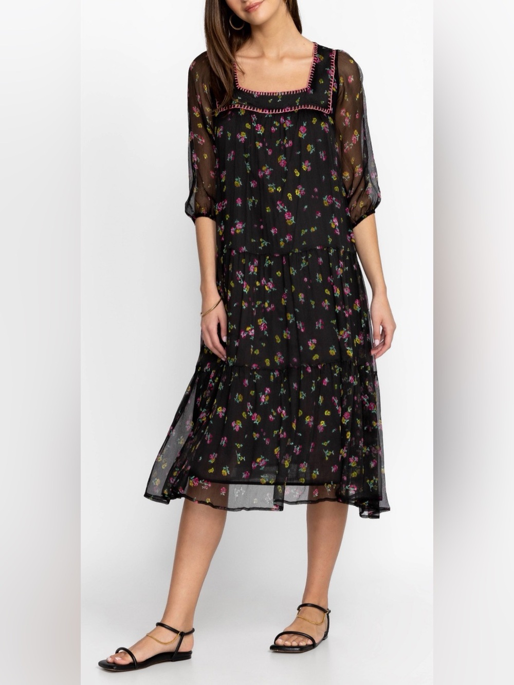 Johnny Was Jade Midi Dress Large 100% Silk Floral Black Boho Tiered Flowy Summer - Picture 9 of 11
